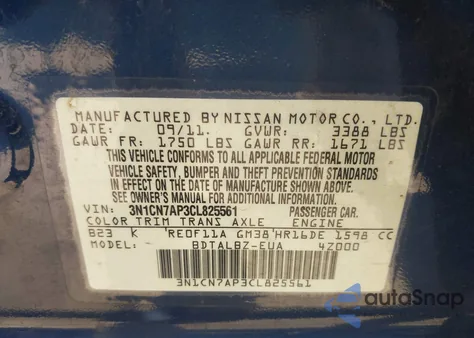 2012 Nissan Versa 1.6 Sv z USA, uszkodzony, nr VIN 3N1CN7AP3CL825561